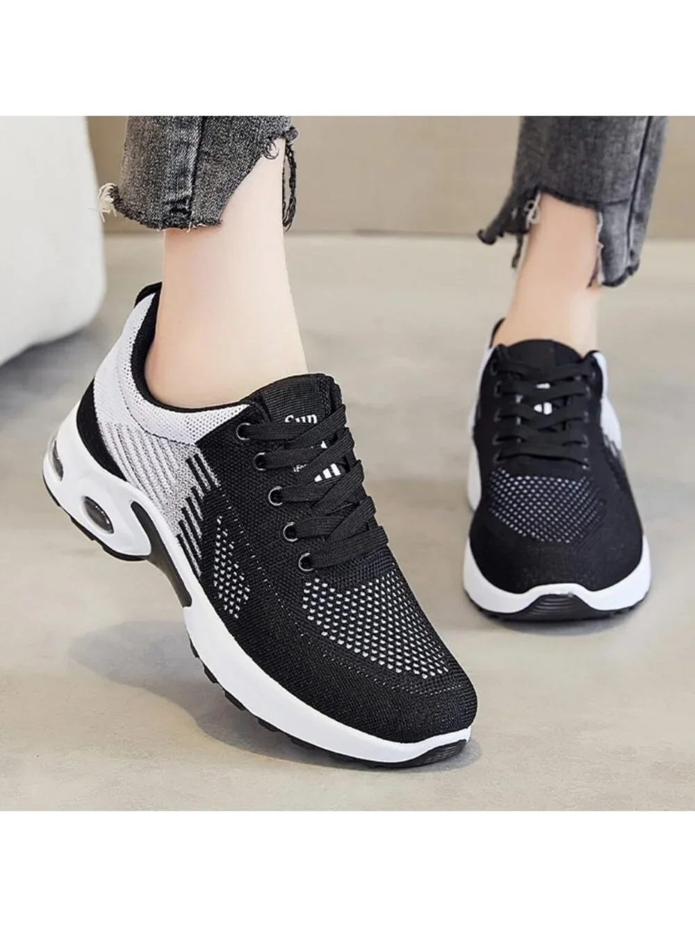 Women's White Black Lightweight Air Cushion Mesh Breathable Casual Sneakers